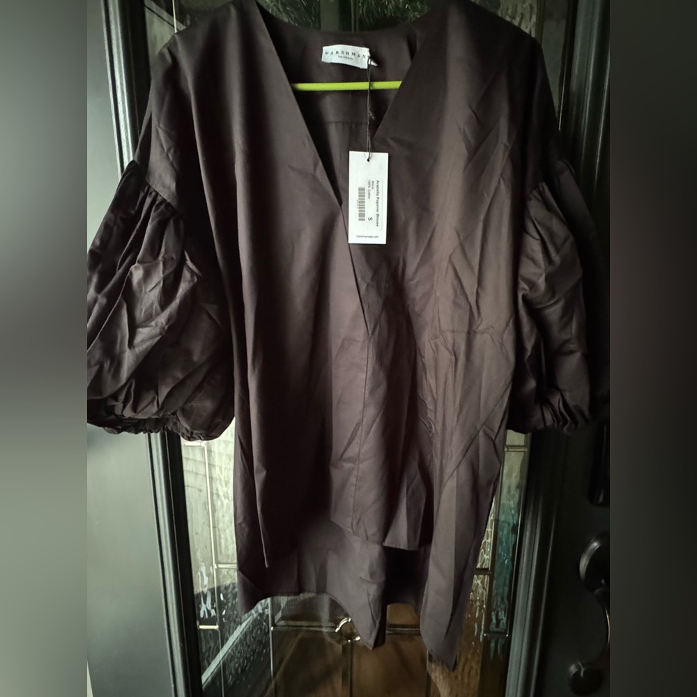 HARSHMAN Black Arabella Popover Puff Sleeve Short Sleeve V-Neck Blouse Top S
